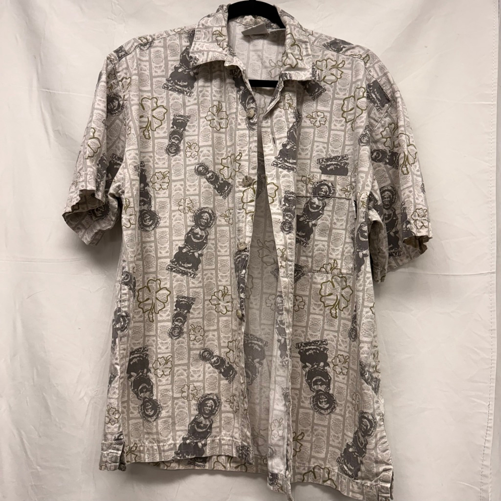 Men's No Fear White Gray Hawaiian Tiki Print Casual Button Down Shirt S